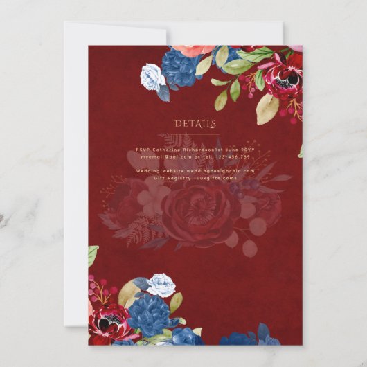 Bourgondisch Blauw Bloemen Katholieke Nuptial Mass Kaart (Achterkant)