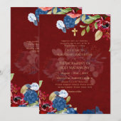 Bourgondisch Blauw Bloemen Katholieke Nuptial Mass Kaart (Voorkant / Achterkant)