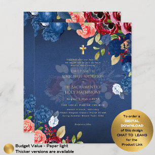 Bourgondisch Blauw Bloemmotief Katholieke Huwelijk Flyer