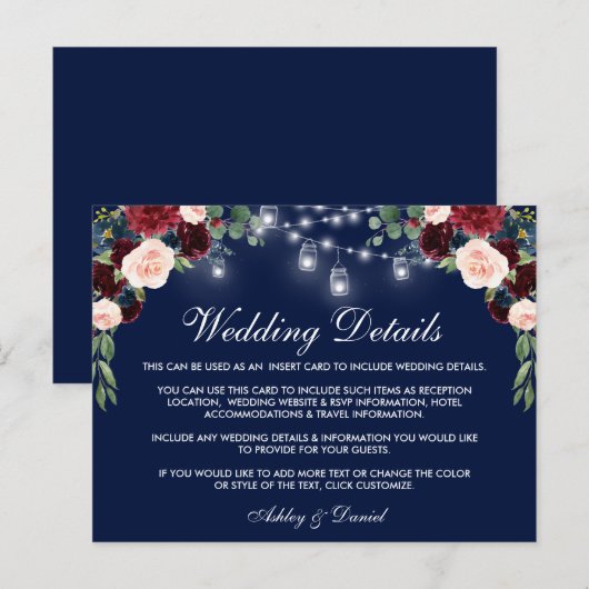 Bourgondisch blauw bruiloft details invoegen Kaart (Voorkant / Achterkant)