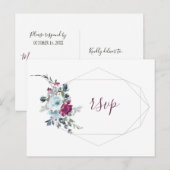 Bourgondisch blauw floraal goud geometrisch lijst  uitnodiging briefkaart (Voorkant / Achterkant)