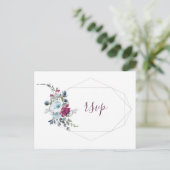 Bourgondisch blauw floraal goud geometrisch lijst  uitnodiging briefkaart (Staand voorkant)