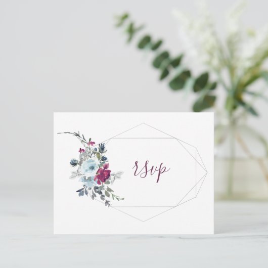 Bourgondisch blauw floraal goud geometrisch lijst  uitnodiging briefkaart (Staand voorkant)