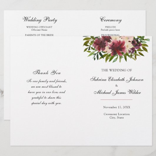 Bourgondisch bloem bruiloft gevouwen programma (Voorkant / Achterkant)