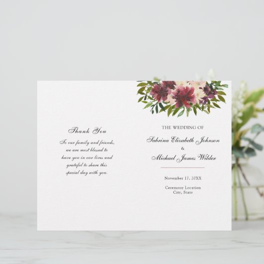 Bourgondisch Bloemen Bruiloft Gevouwen Programma (Staand voorkant)