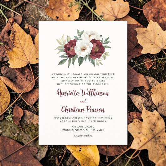 Bourgondisch bloemen bruiloftsinvitaties script