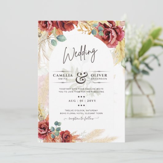 Bourgondisch bloemen-huwelijksuitnodiging digitale kaart (Staand voorkant)