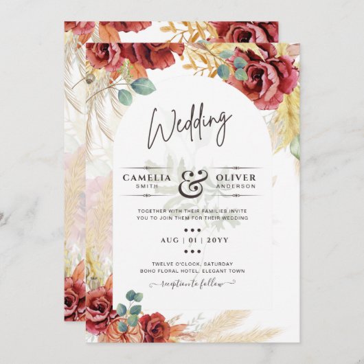 Bourgondisch bloemen-huwelijksuitnodiging digitale kaart (Voorkant / Achterkant)