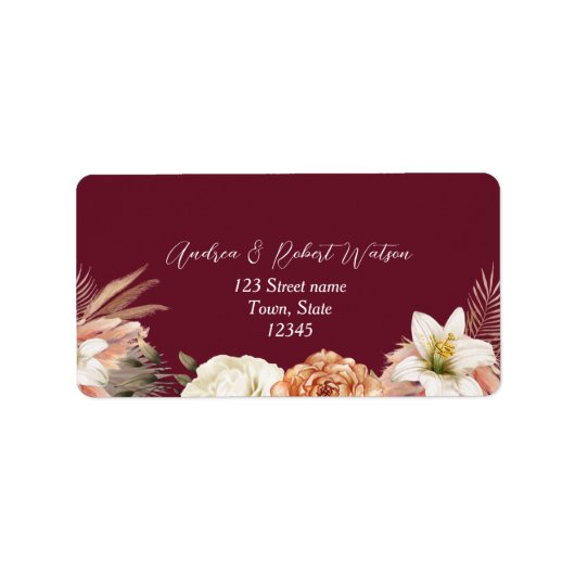 Bourgondisch bloemendecoratie bruiloft retouradres etiket (Voorkant)