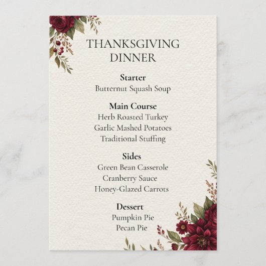 Bourgondisch Bloemendiner Menu voor Thanksgiving (Voorkant)