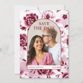 Bourgondisch bloemenpatroon, waterverf wassen boog save the date (Voorkant)