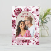 Bourgondisch bloemenpatroon, waterverf wassen boog save the date (Staand voorkant)