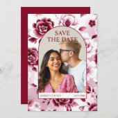 Bourgondisch bloemenpatroon, waterverf wassen boog save the date (Voorkant / Achterkant)