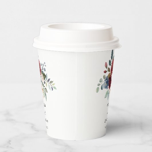 Bourgondisch bloemig elegante script huwelijksrepe papieren bekers (Rechts)