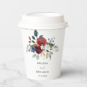 Bourgondisch bloemig elegante script huwelijksrepe papieren bekers (Voorkant)