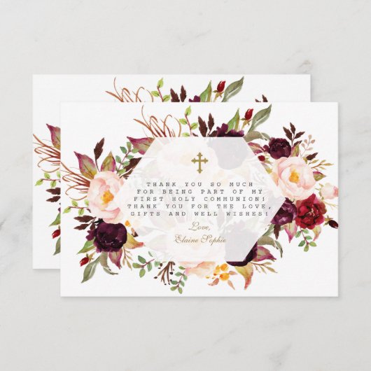 Bourgondisch bloemmotief gouden geometrische Eerst Bedankkaart (Voorkant / Achterkant)