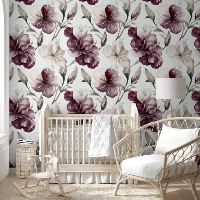 Bourgondisch bloempatroon behang (Kinderen)