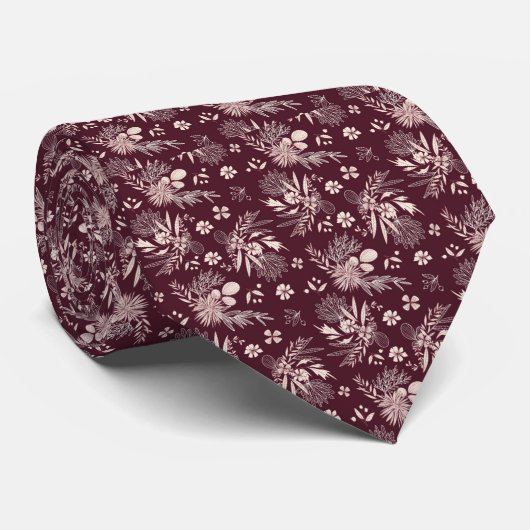 Bourgondisch bloempatroon bruidegom trouwkleding stropdas (Opgerold)