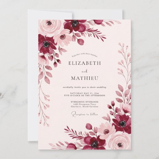 Bourgondisch boeiend lentewedding kaart (Voorkant)