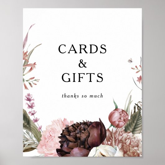 Bourgondisch Boho Bloemkaarten en Cadeaubord Sign Poster (Voorkant)