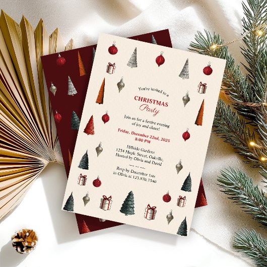 Bourgondisch en Beige Retro Kerstfeest Kaart
