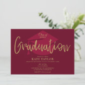 Bourgondisch En Gouden Script Afstudeerfeest Kaart (Staand voorkant)