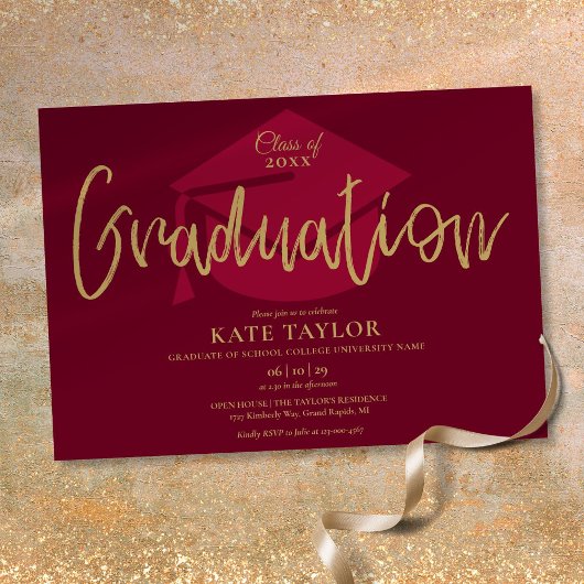 Bourgondisch En Gouden Script Afstudeerfeest Kaart