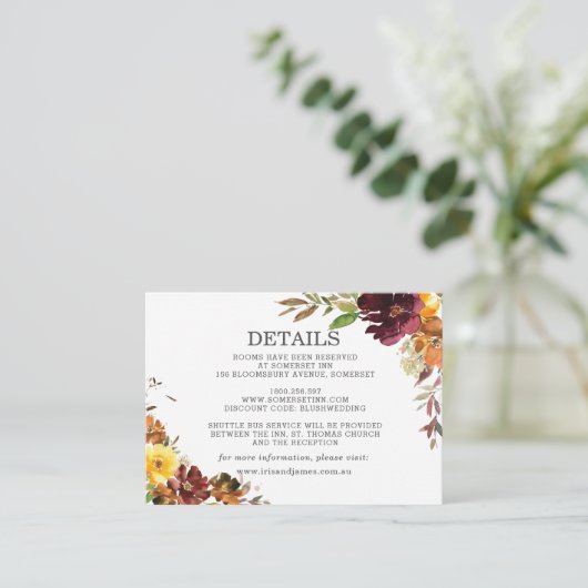 Bourgondisch Geel Sinaasappel Bloemen bruiloft Det Informatiekaartje (Staand voorkant)