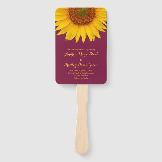 Bourgondisch geel zonnebloem bruiloft programma fa handwaaier (Voorkant)