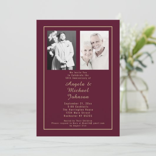 Bourgondisch goud toen en nu 50e Jubileum foto Kaart (Staand voorkant)