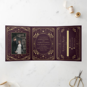 Bourgondisch Goud Vintage Tarot Gotische Bruiloft Drieluik Uitnodiging