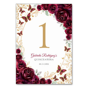Bourgondisch Gouden Bloemige Quinceanera Kaart
