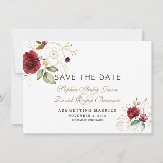 Bourgondisch Gouden Bloemige Trouw Save The Date (Voorkant)