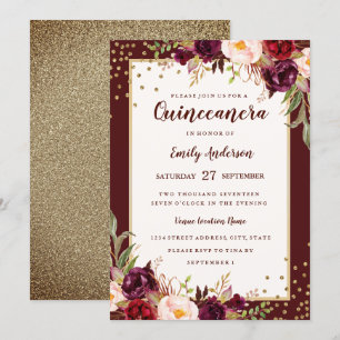 Bourgondisch gouden bloemrijke Quinceanera uitnodi Kaart
