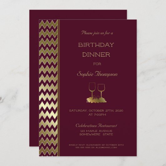 Bourgondisch Gouden Chevron Gestreepte Verjaardags Kaart (Voorkant / Achterkant)