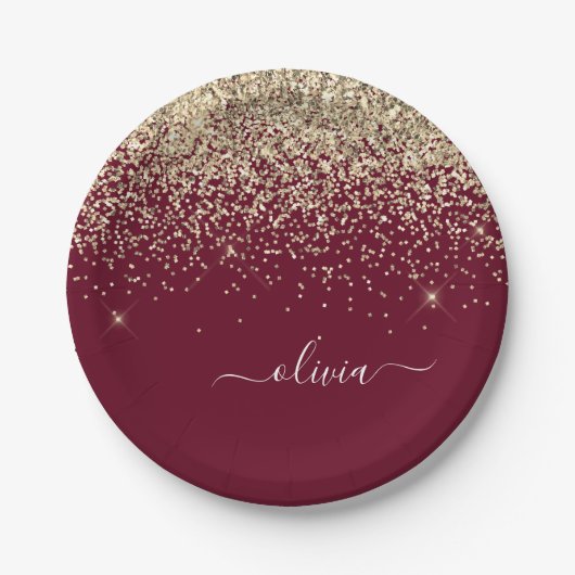 Bourgondisch Gouden Glitter Meisjes Monogram Glam Papieren Bordje (Voorkant)