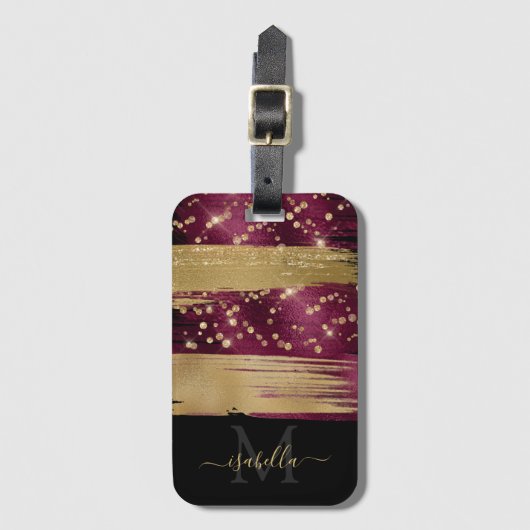 Bourgondisch Gouden Glitter Monogram Bagagelabel (Voorkant (verticaal))