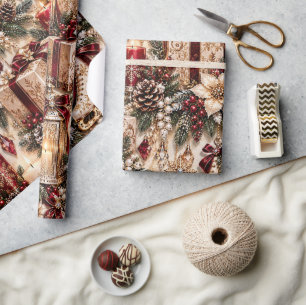 Bourgondisch Gouden Luxe Kerstschaatsen Cadeaupapier
