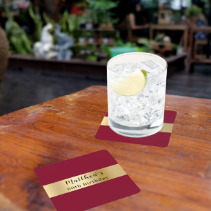 Bourgondisch gouden naamscript verjaardag kartonnen onderzetters