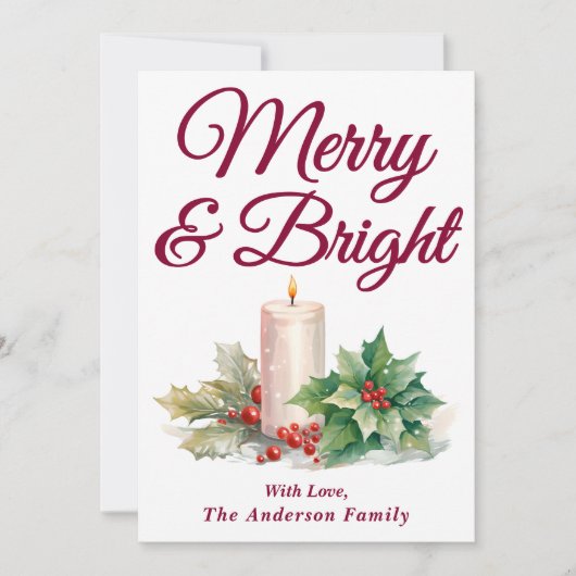 Bourgondisch handgeschreven script Merry & Bright Feestdagenkaart (Voorkant)