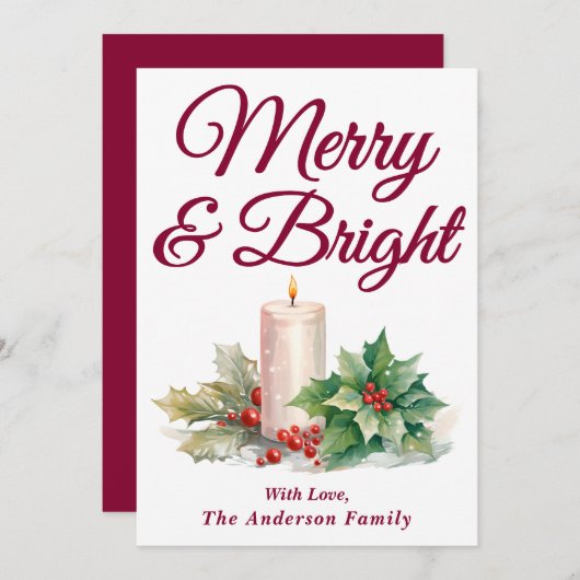 Bourgondisch handgeschreven script Merry & Bright Feestdagenkaart (Voorkant / Achterkant)