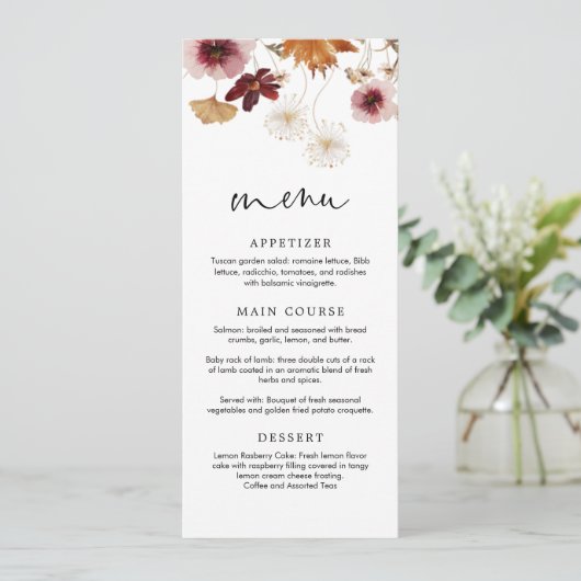 Bourgondisch herfst boho bloemen bruiloftsmenu kaa kaart (Staand voorkant)