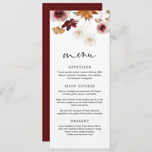 Bourgondisch herfst boho bloemen bruiloftsmenu kaa kaart (Voorkant / Achterkant)