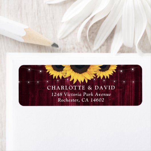Bourgondisch hout Zonnebloem Bruiloft Retouradres Etiket (Insitu)