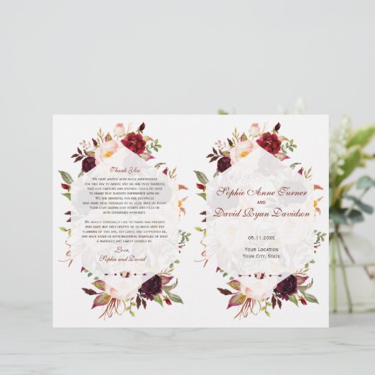 Bourgondisch Marsala Bloem Geometrisch Huwelijkspr (Staand voorkant)