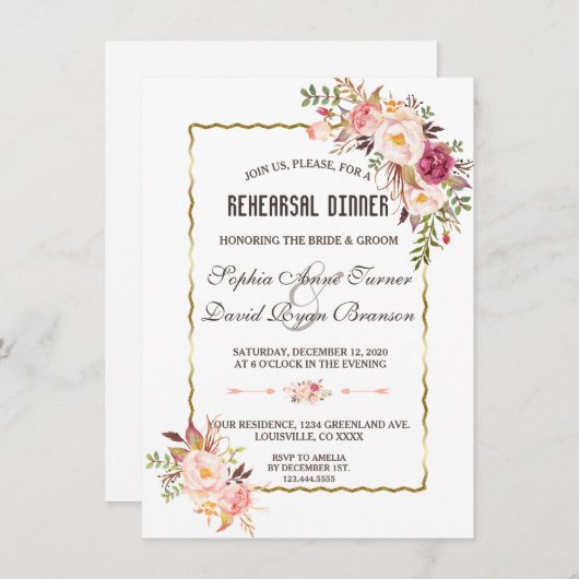 Bourgondisch Marsala Blush Bloemendiner Kaart (Voorkant / Achterkant)