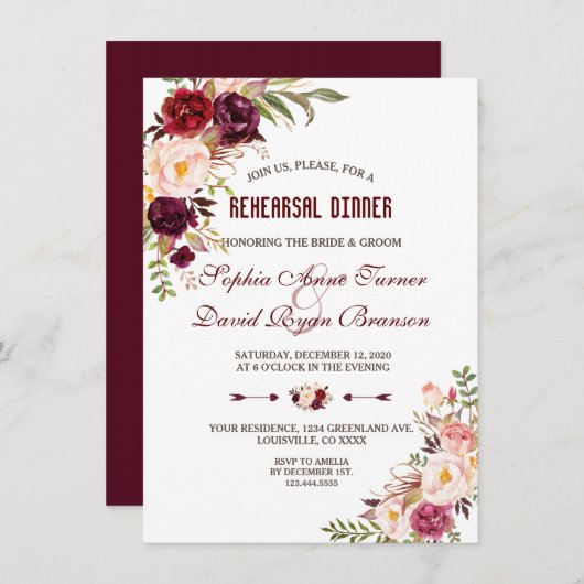 Bourgondisch Marsala Blush Bloemendiner voor de Re Kaart (Voorkant / Achterkant)