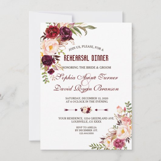 Bourgondisch Marsala Blush Bloemendiner voor de Re Kaart (Voorkant)