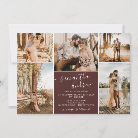 Bourgondisch minimalistisch script 6 foto's bruilo kaart (Voorkant)