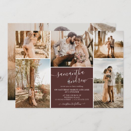 Bourgondisch minimalistisch script 6 foto's bruilo kaart (Voorkant / Achterkant)